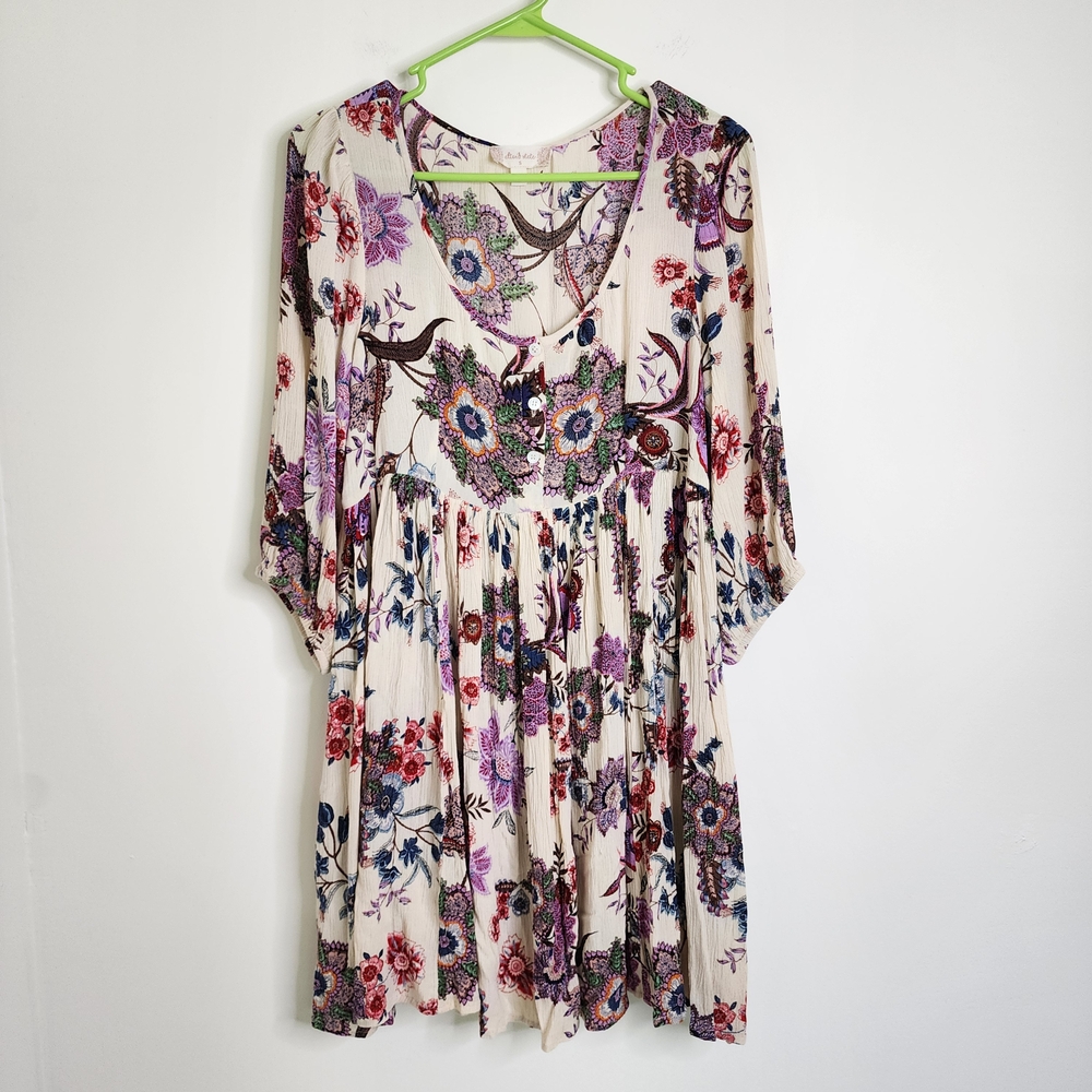 Altar'd State Floral 3/4 Sleeve Babydoll Mini Dress Small Boho Festival Relaxed